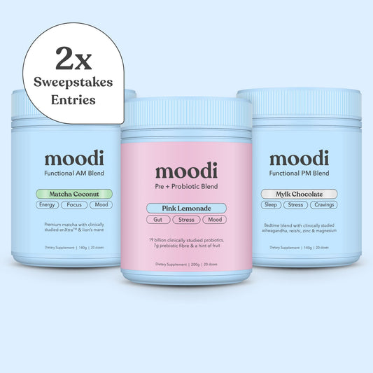 Three containers of moodi supplements on a light blue background with a '2x Sweepstakes Entries' label.