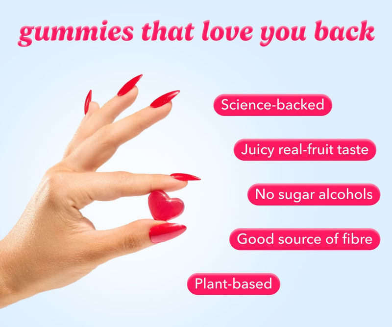 Hand holding a heart-shaped gummy with text about health benefits on a light blue background