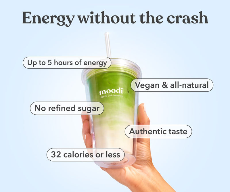 Hand holding a green drink in a clear cup with 'moodi' branding, labeled for health benefits on a light blue background.
