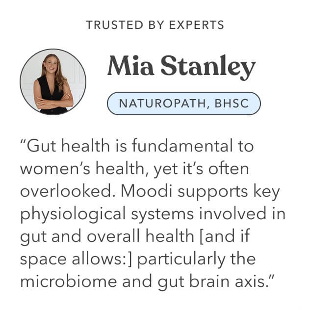 A promotional graphic with the text 'TRUSTED BY EXPERTS' above a circular photo of Mia Stanley, a naturopath, and a quote about gut health and women's health.