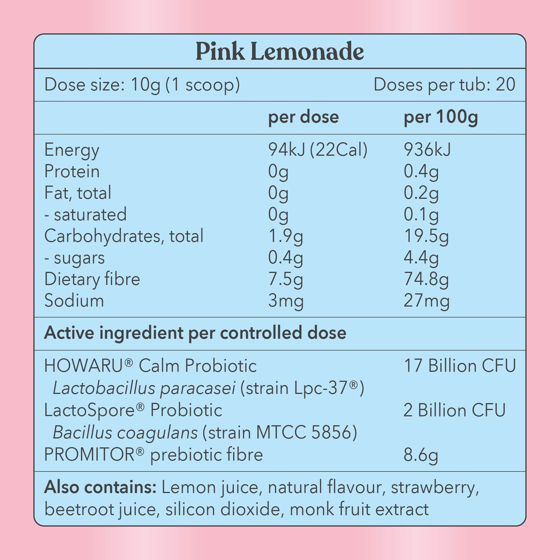 Pink Lemonade - Pre + Probiotic Blend - Nutrition Information - Moodi