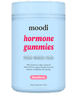 Moodi Strawberry Hormone Gummies tub on a white background