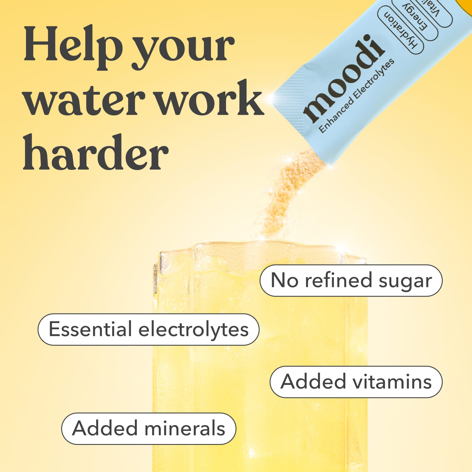 Moodi Mango Passionfruit Enhanced Electrolyte powder being added to a glass of water with text highlighting benefits on a yellow background.