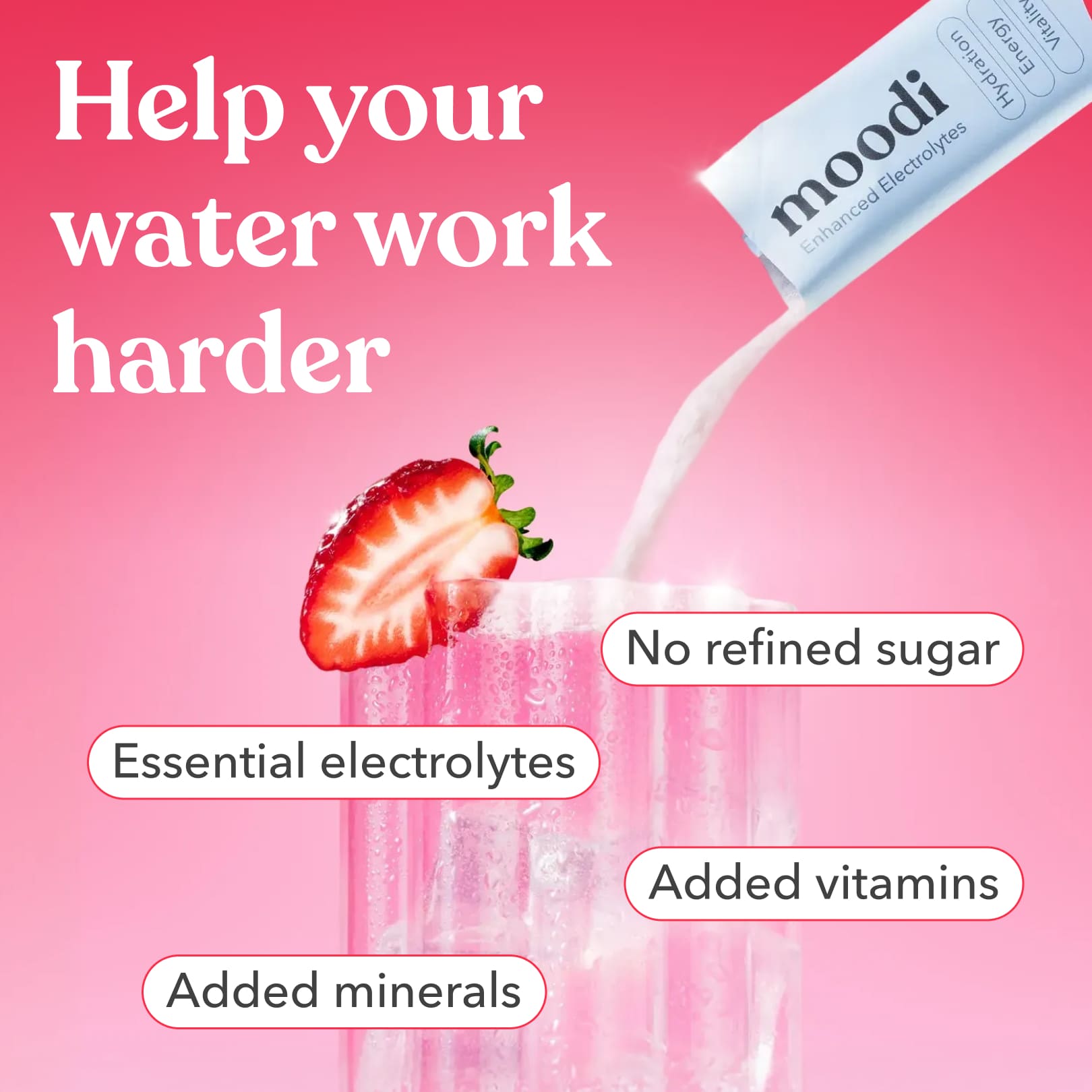 Moodi Strawberry Watermelon Enhanced Electrolytes powder being added to a glass with water and a strawberry slice, with text highlighting benefits on a pink background.