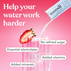 Moodi Strawberry Watermelon Enhanced Electrolytes powder being added to a glass with water and a strawberry slice, with text highlighting benefits on a pink background.