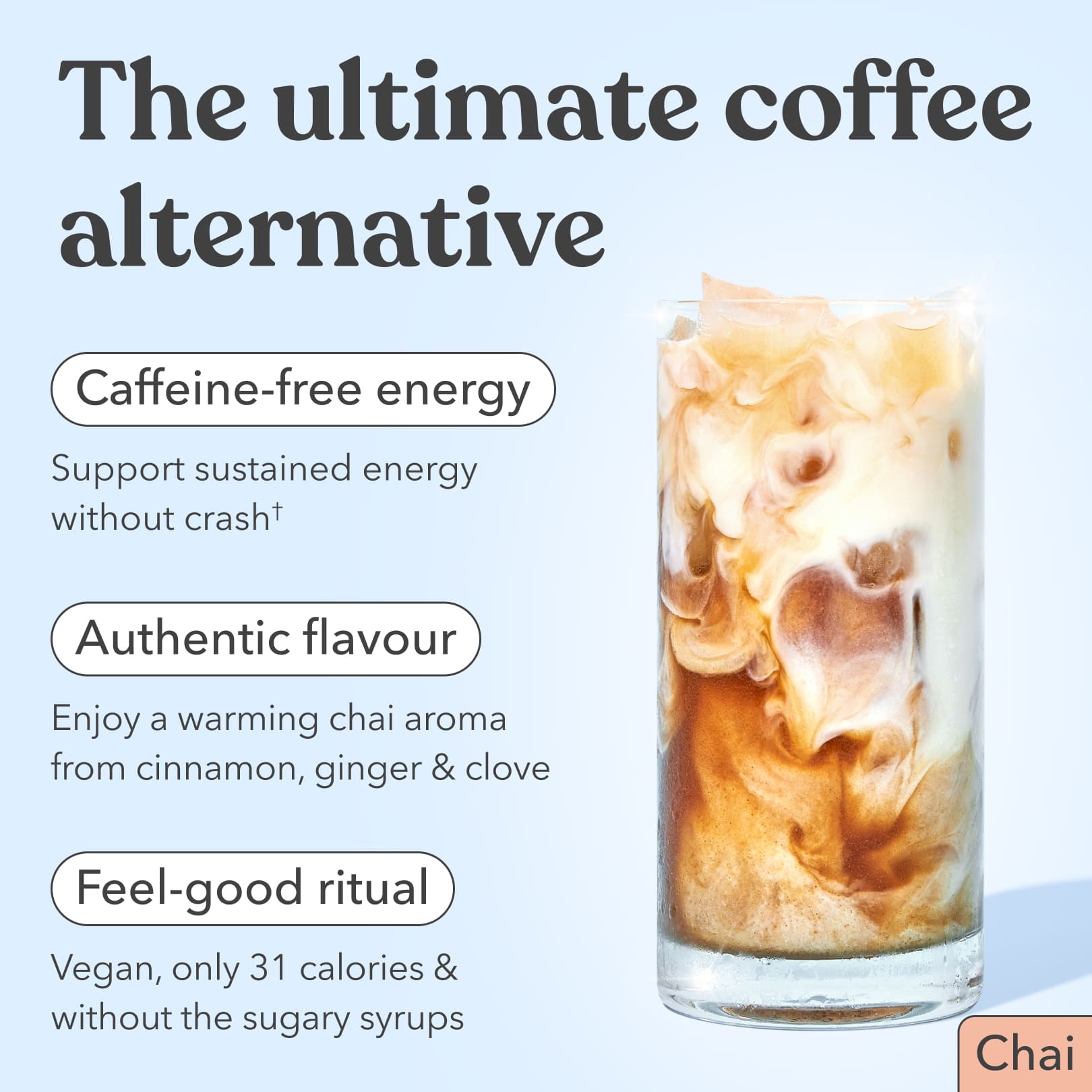 Glass of iced Moodi Chai with text highlighting benefits on a light blue background
