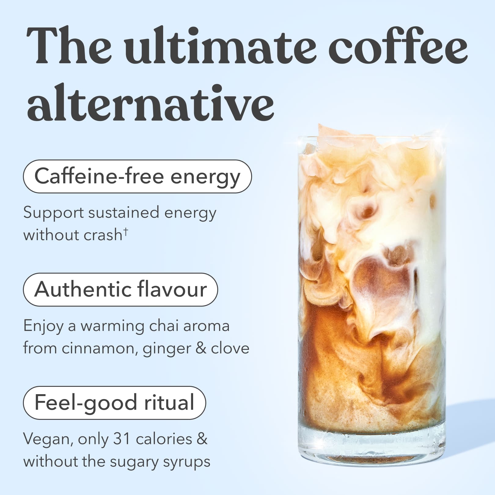 Glass of iced Moodi Chai with text highlighting benefits on a light blue background