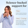 Woman holding a mug of Moodi Choc Hazelnut with text about science-backed support for sleep, stress, and cravings.