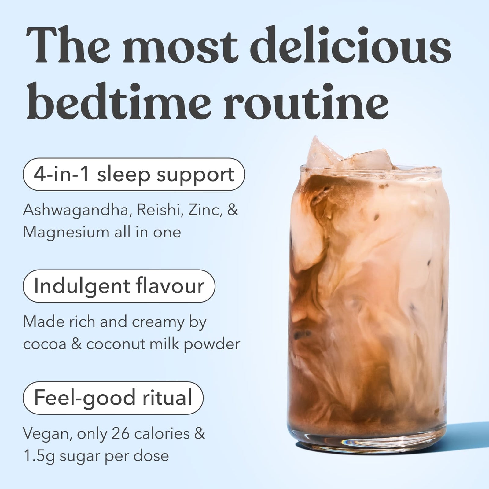 Glass of iced Moodi Choc Hazelnut with text about a 'most delicious bedtime routine' on a light blue background