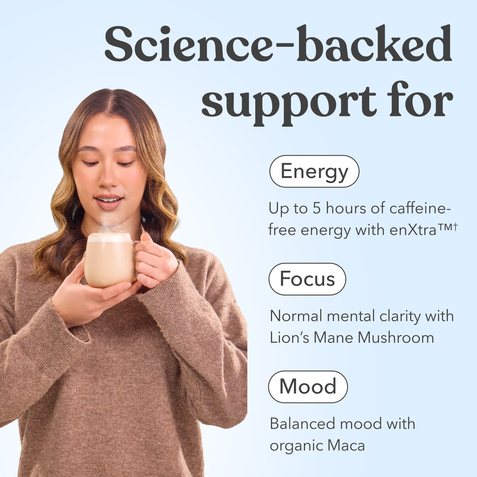 Woman holding a mug of Moodi Gingerbread with text about energy, focus, and mood support.