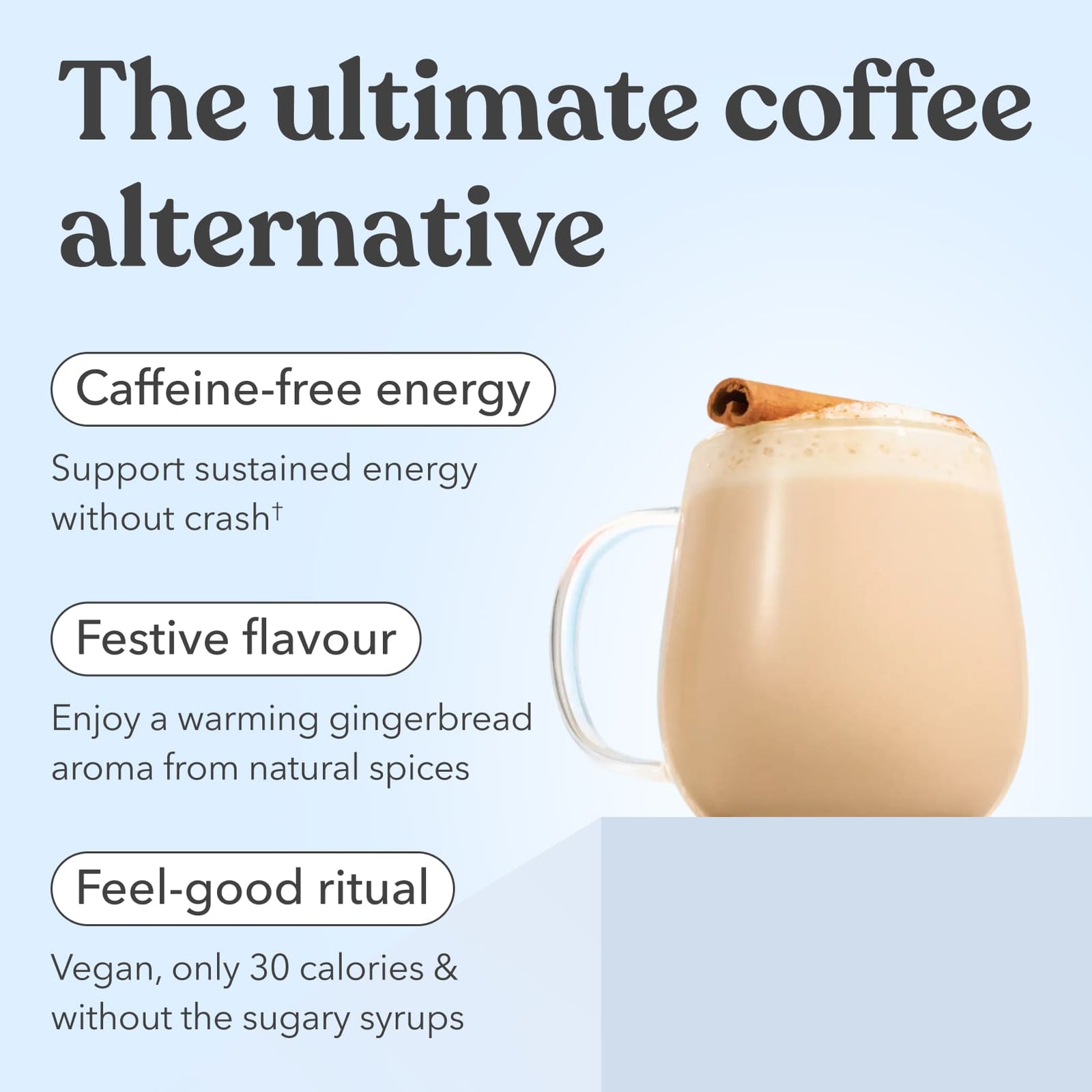 Mug of Moodi Gingerbread with text highlighting benefits on a light blue background