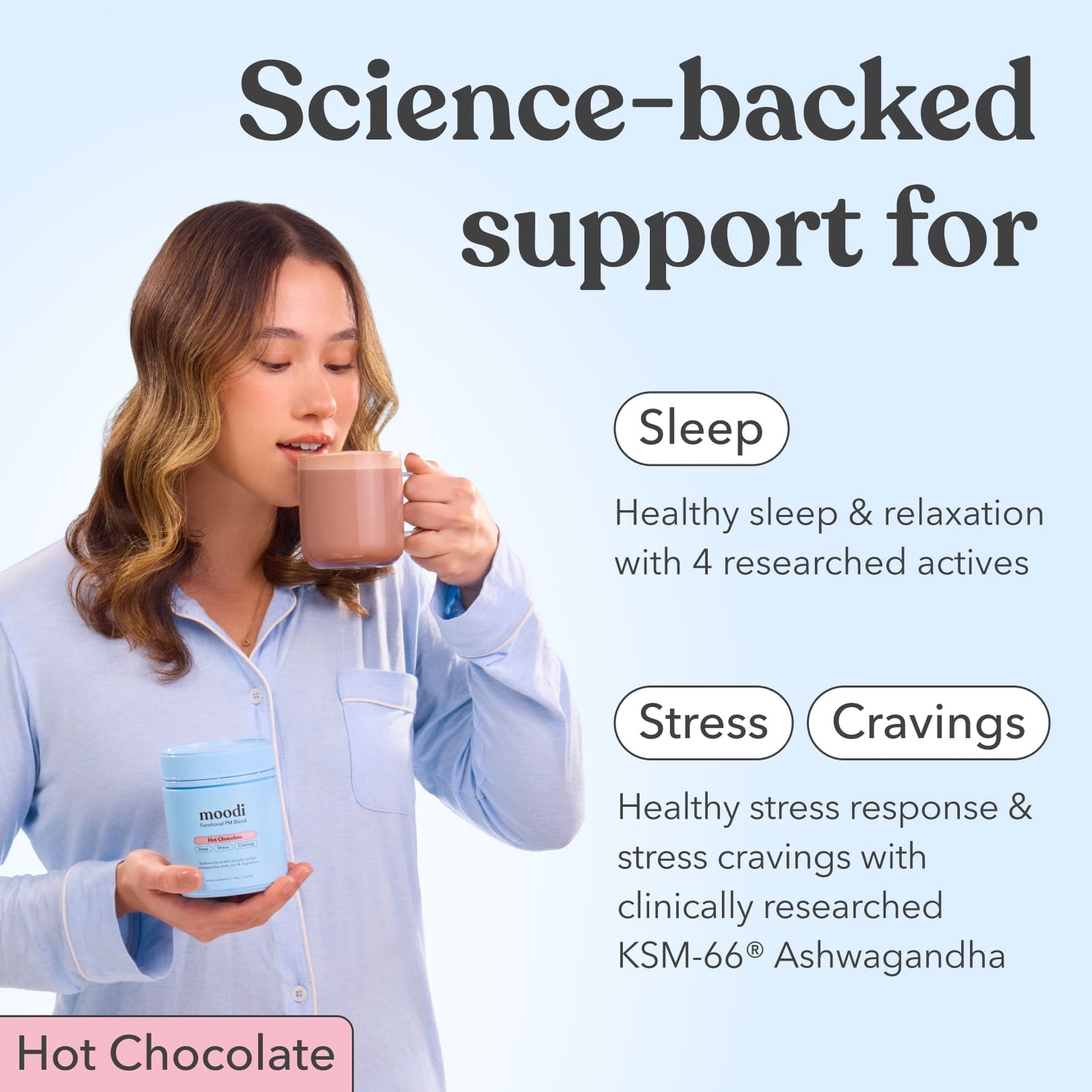 Woman holding a mug of Moodi Hot Chocolate and its tub, with text about science-backed support for sleep, stress, and cravings.