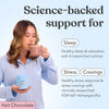 Woman holding a mug of Moodi Hot Chocolate and its tub, with text about science-backed support for sleep, stress, and cravings.