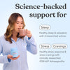 Woman holding a mug and Moodi Hot Chocolate tub with text about science-backed support for sleep, stress, and cravings.
