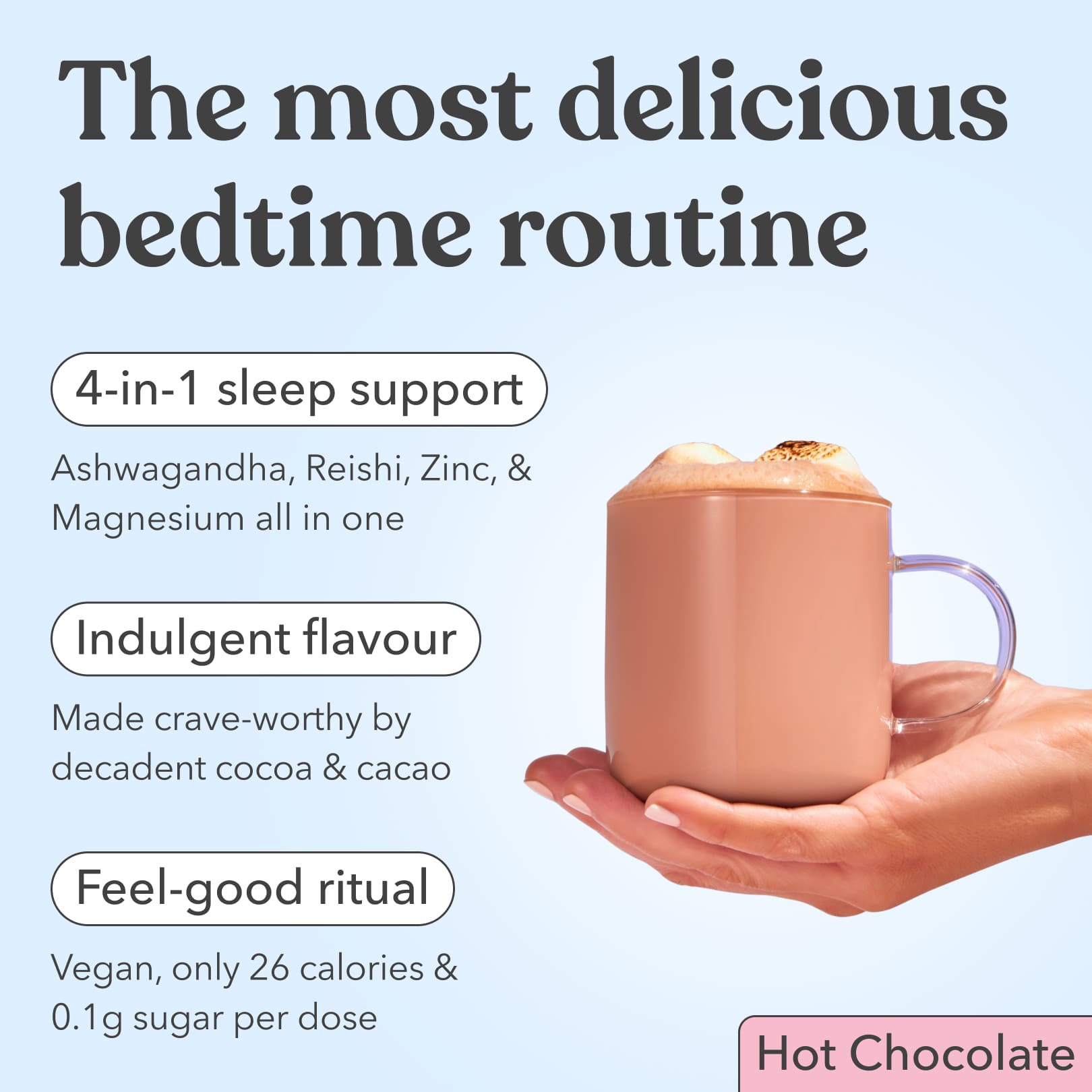 Hand holding a mug of Moodi Hot Chocolate with text about a 'most delicious bedtime routine' on a light blue background.