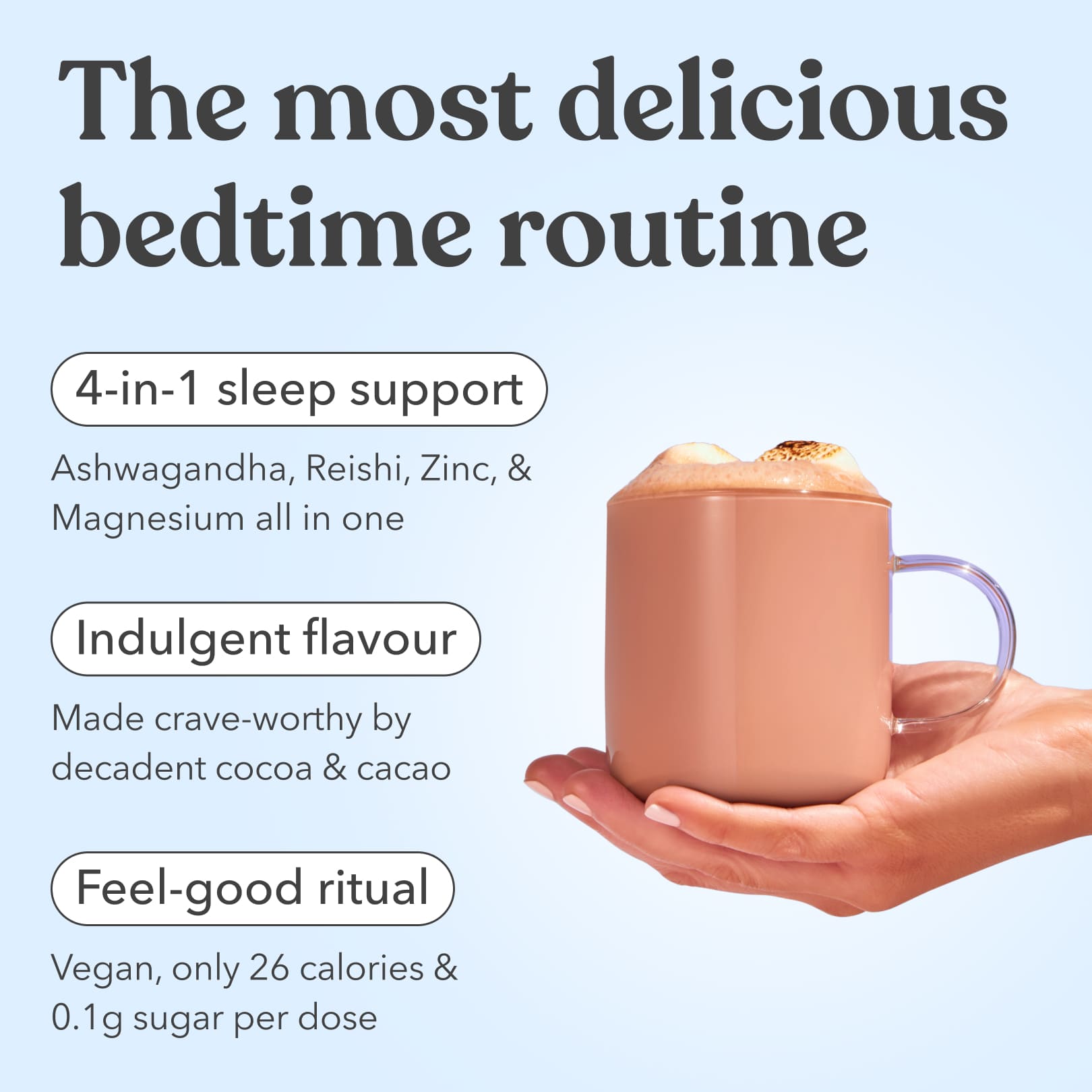 Hand holding a mug of Moodi Hot Chocolate with text about sleep support and indulgent flavour.