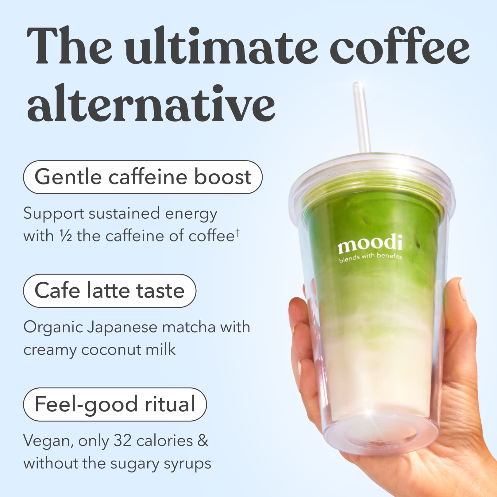 Hand holding Moodi Matcha Coconut drink in Moodi Blends with Benefits tumbler against a light blue background.