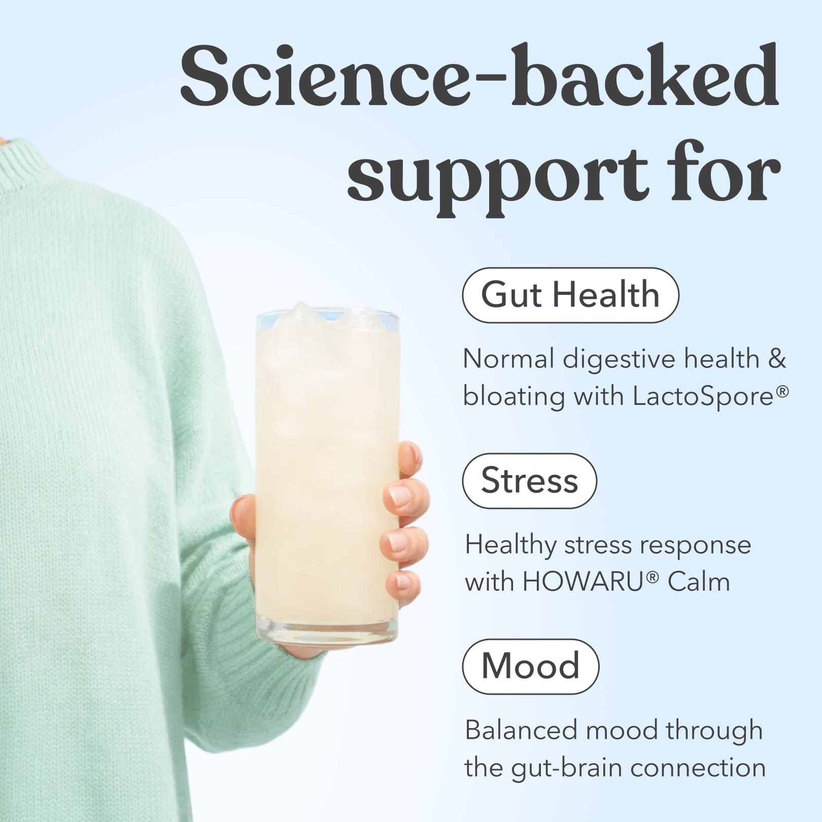 Person holding a glass of Moodi Lemon Lime with text about science-backed support for gut health, stress, and mood.
