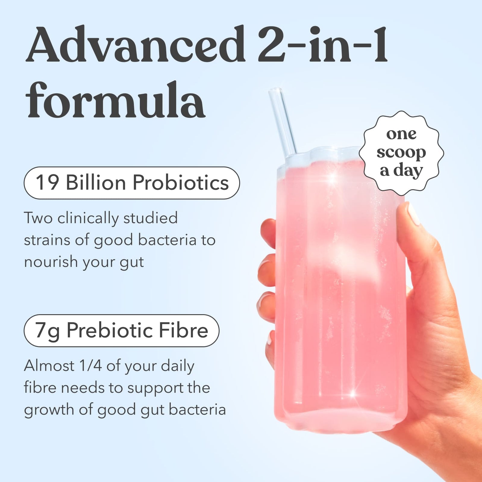 Hand holding Moodi's Pink Lemonade drink in a glass with straw with text about probiotics and prebiotic fiber on a light blue background