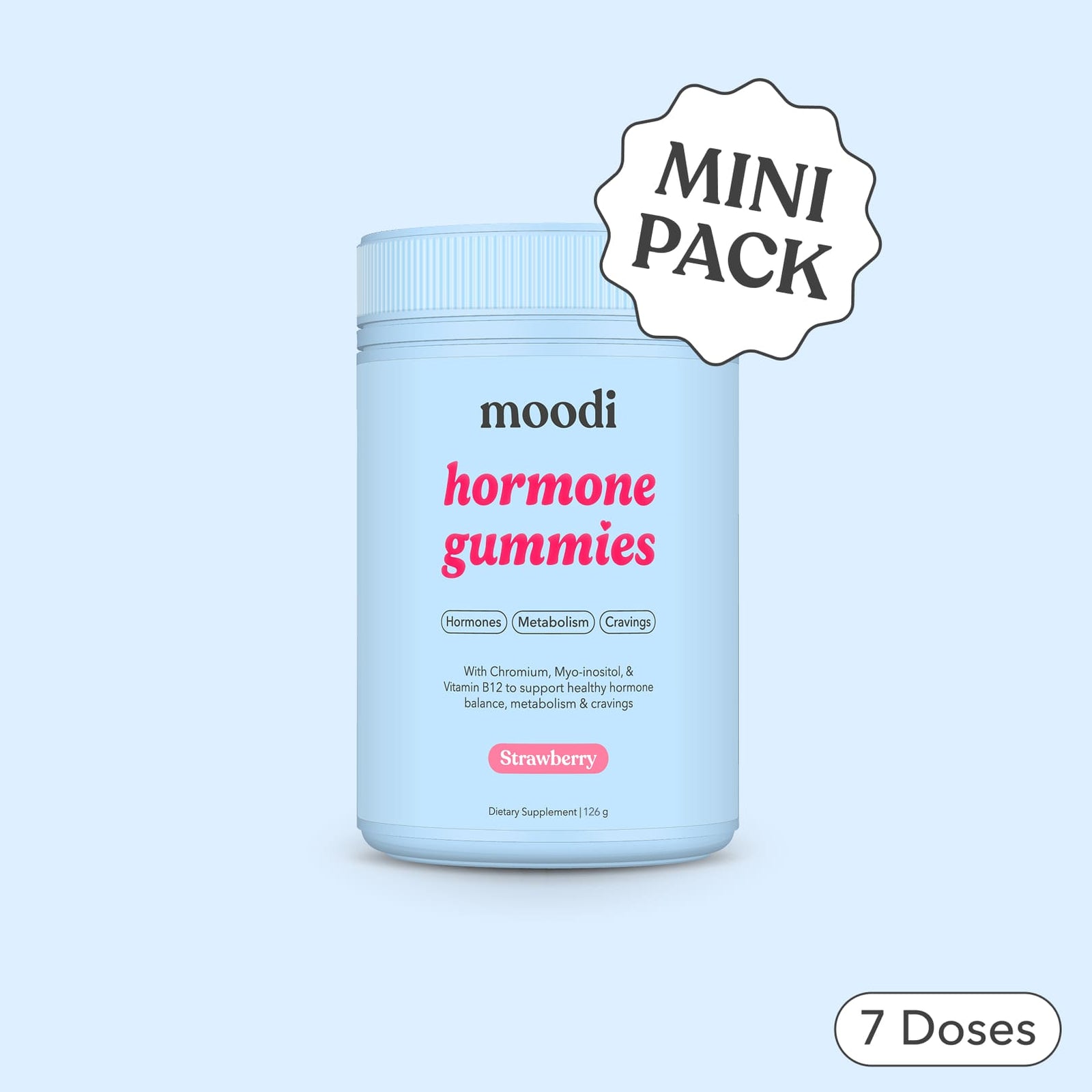 Container of moodi hormone gummies with strawberry flavor on a light blue background
