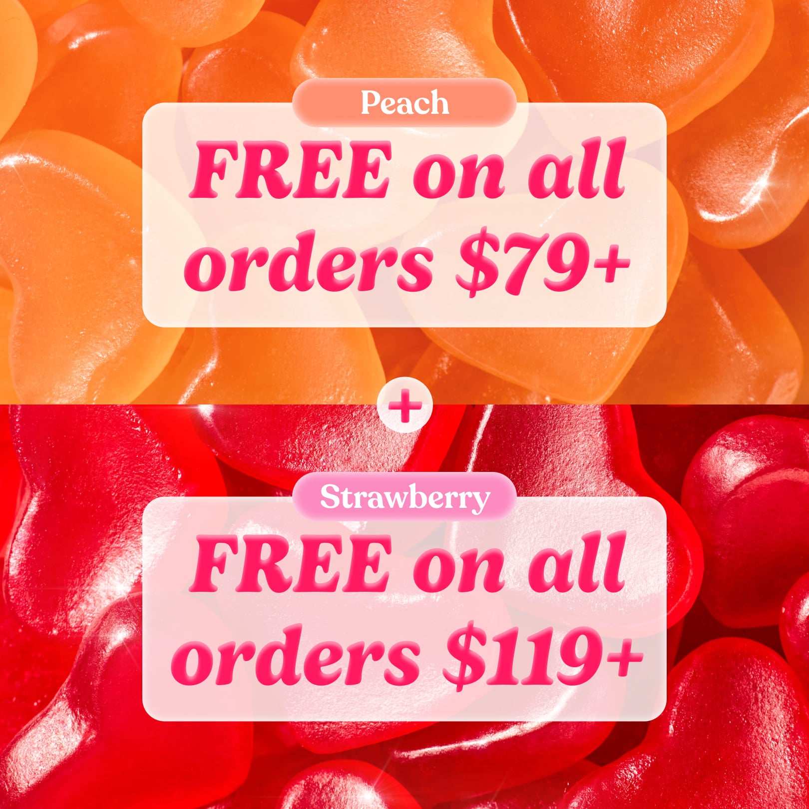 Gummy bears with promotional text overlay for free items on orders.