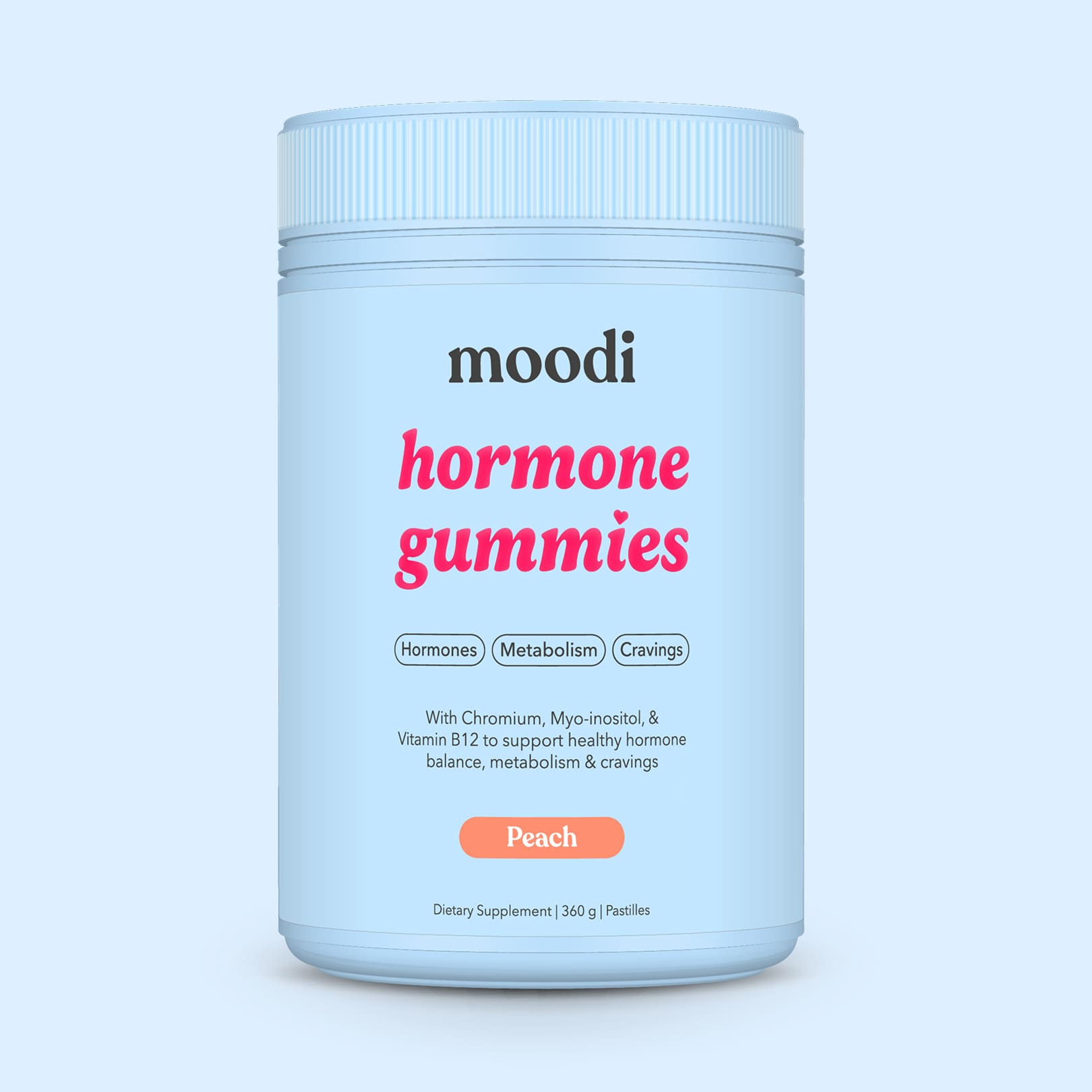 Container of moodi Peach Hormone Gummies on a light blue background