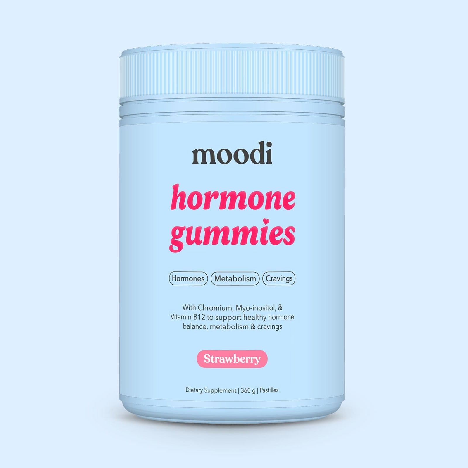 Container of moodi strawbery hormone gummies on a light blue background