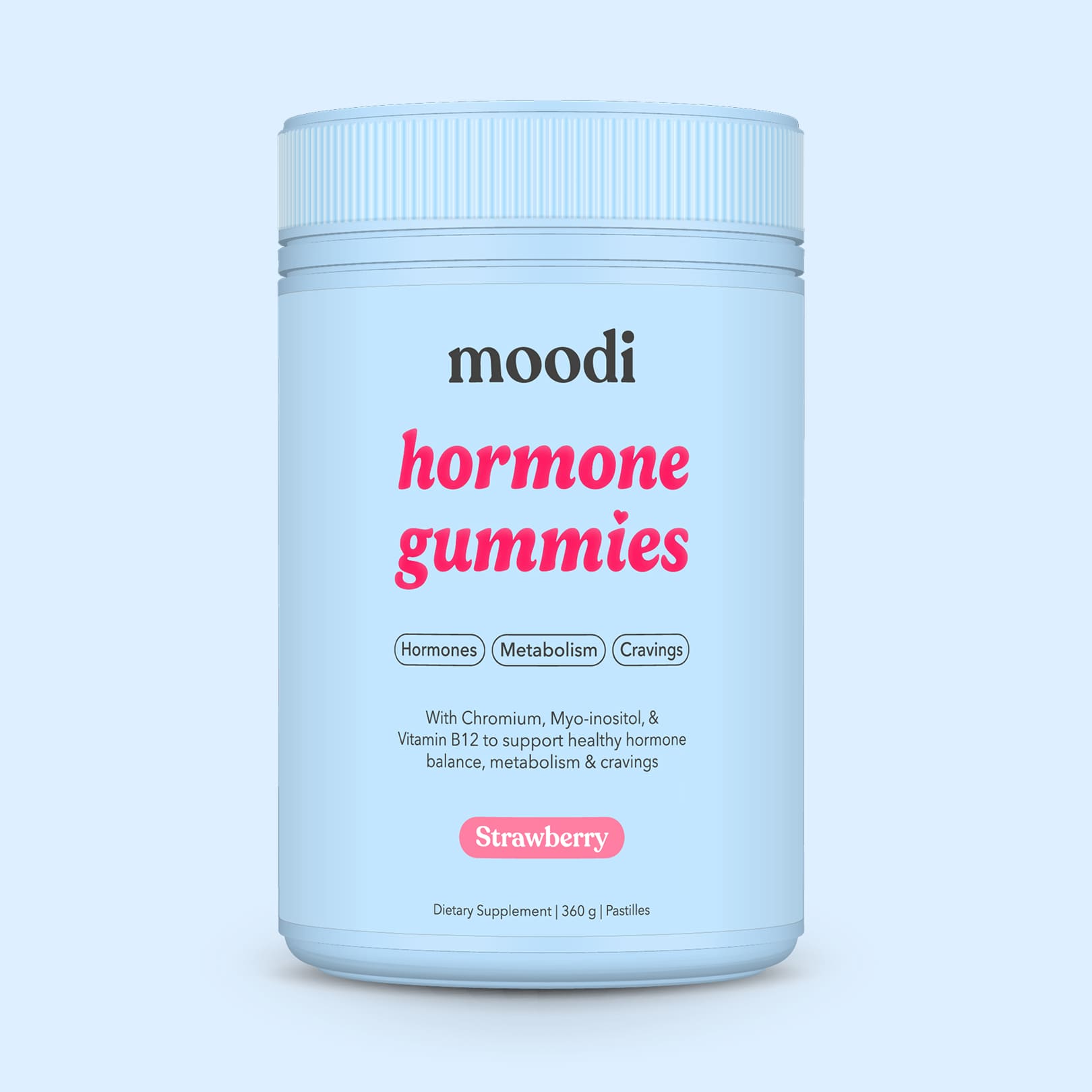 Container of moodi strawbery hormone gummies on a light blue background