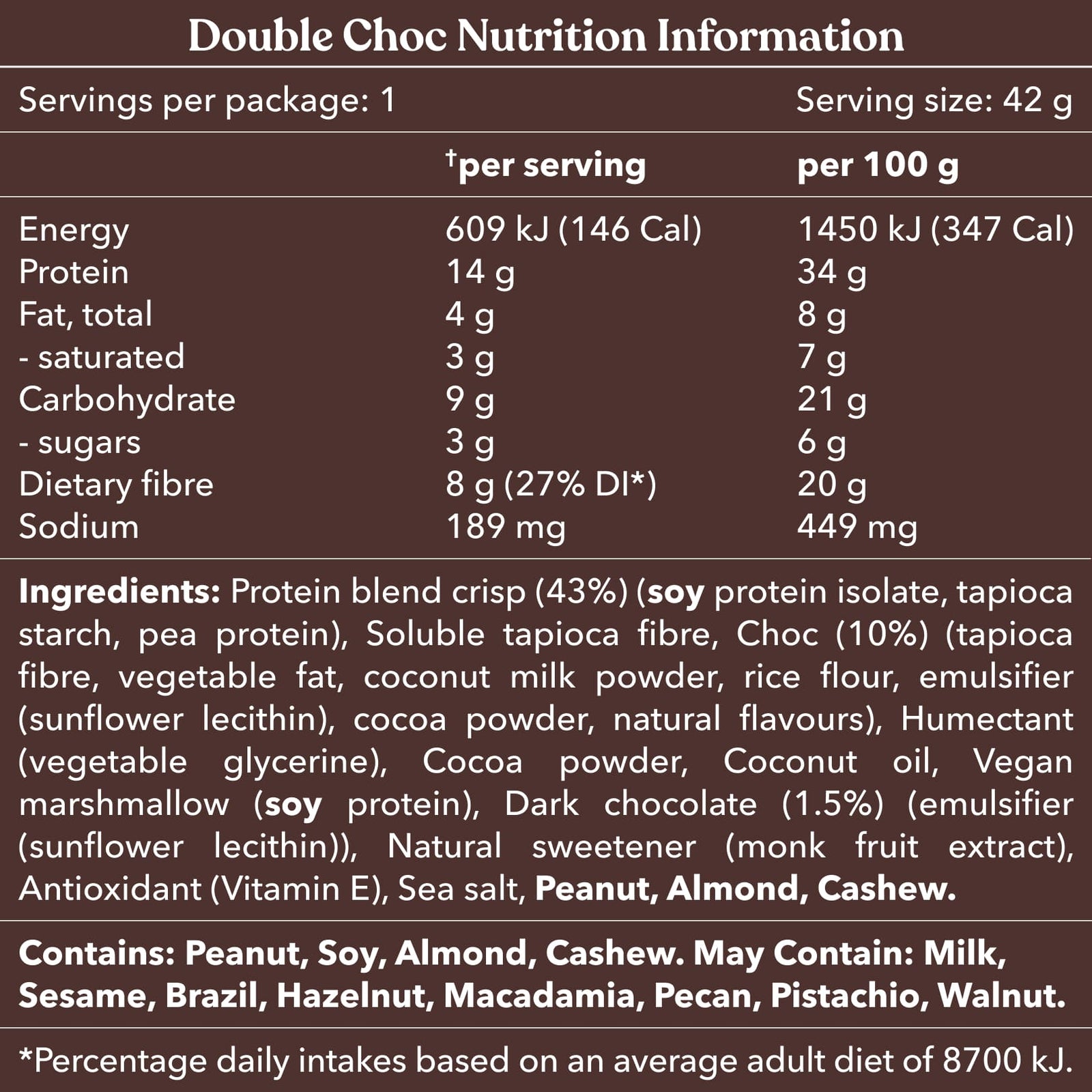 Nutrition information and ingredients list for a product labeled 'Double Choc'.