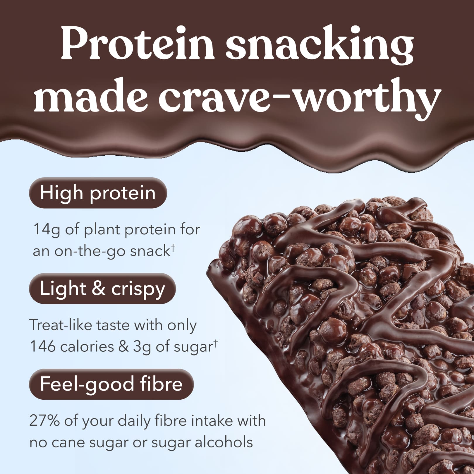 Double choc protein crisp bar with text highlighting its ingredients on a brown and blue background.