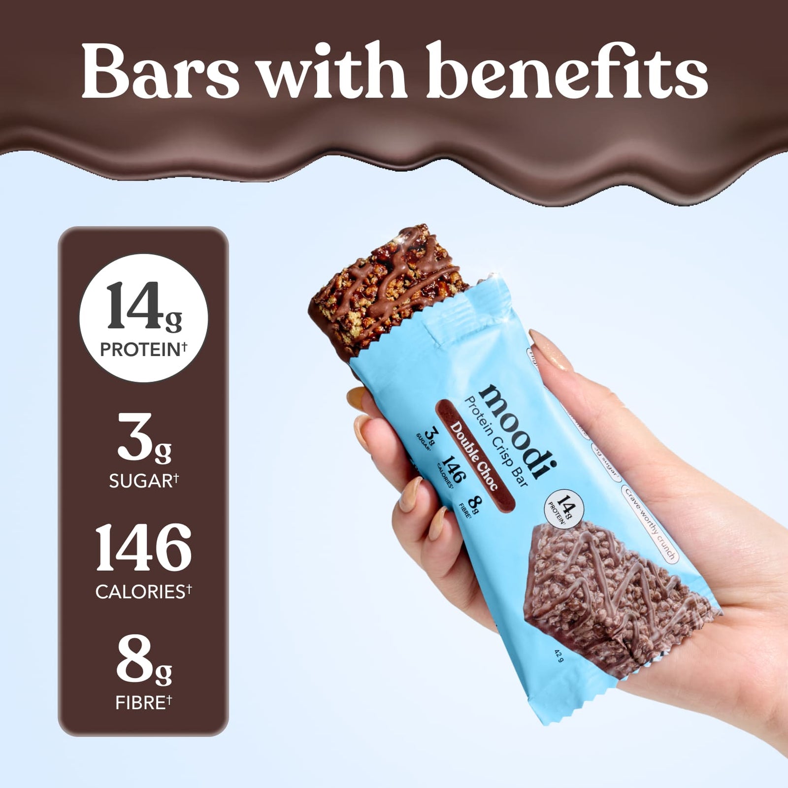Moodi Double Choc protein crisp bar with nutritional information and a hand holding the bar against a light blue background