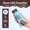 Moodi Double Choc protein crisp bar with nutritional information and a hand holding the bar against a light blue background