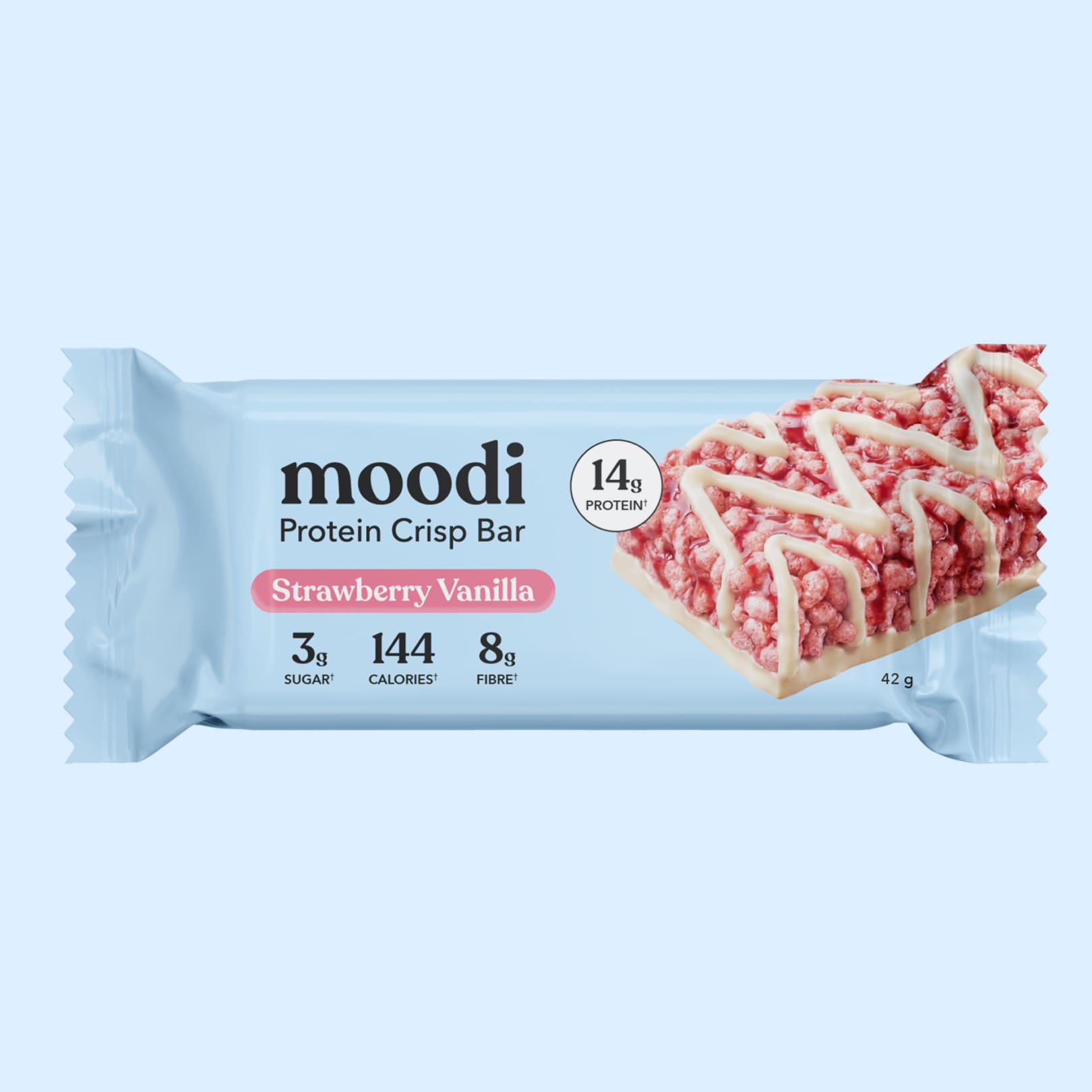 Moodi Protein Crisp Bar packaging with strawberry vanilla flavor on a light blue background
