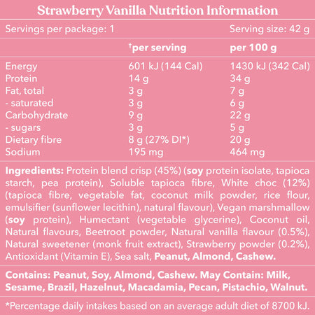 Nutrition information and ingredients list for strawberry vanilla product on a pink background