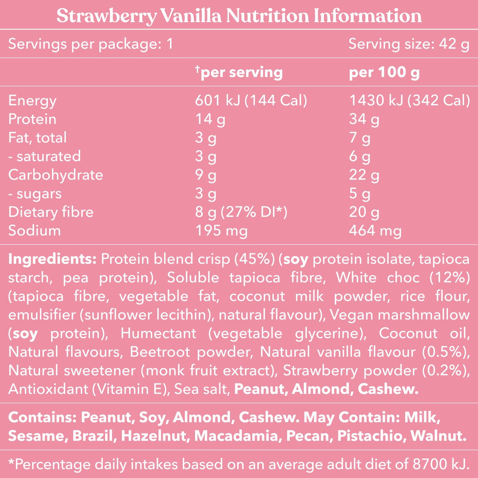 Nutrition information and ingredients list for strawberry vanilla product on a pink background