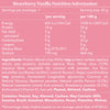 Nutrition information and ingredients list for strawberry vanilla product on a pink background