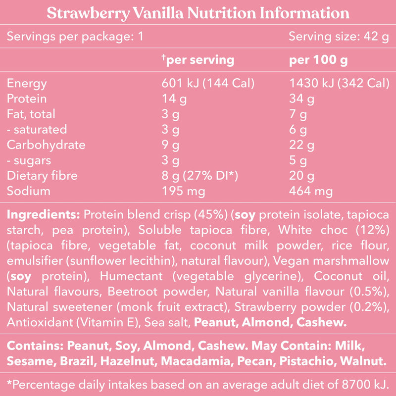Nutrition information and ingredients list for strawberry vanilla product on a pink background