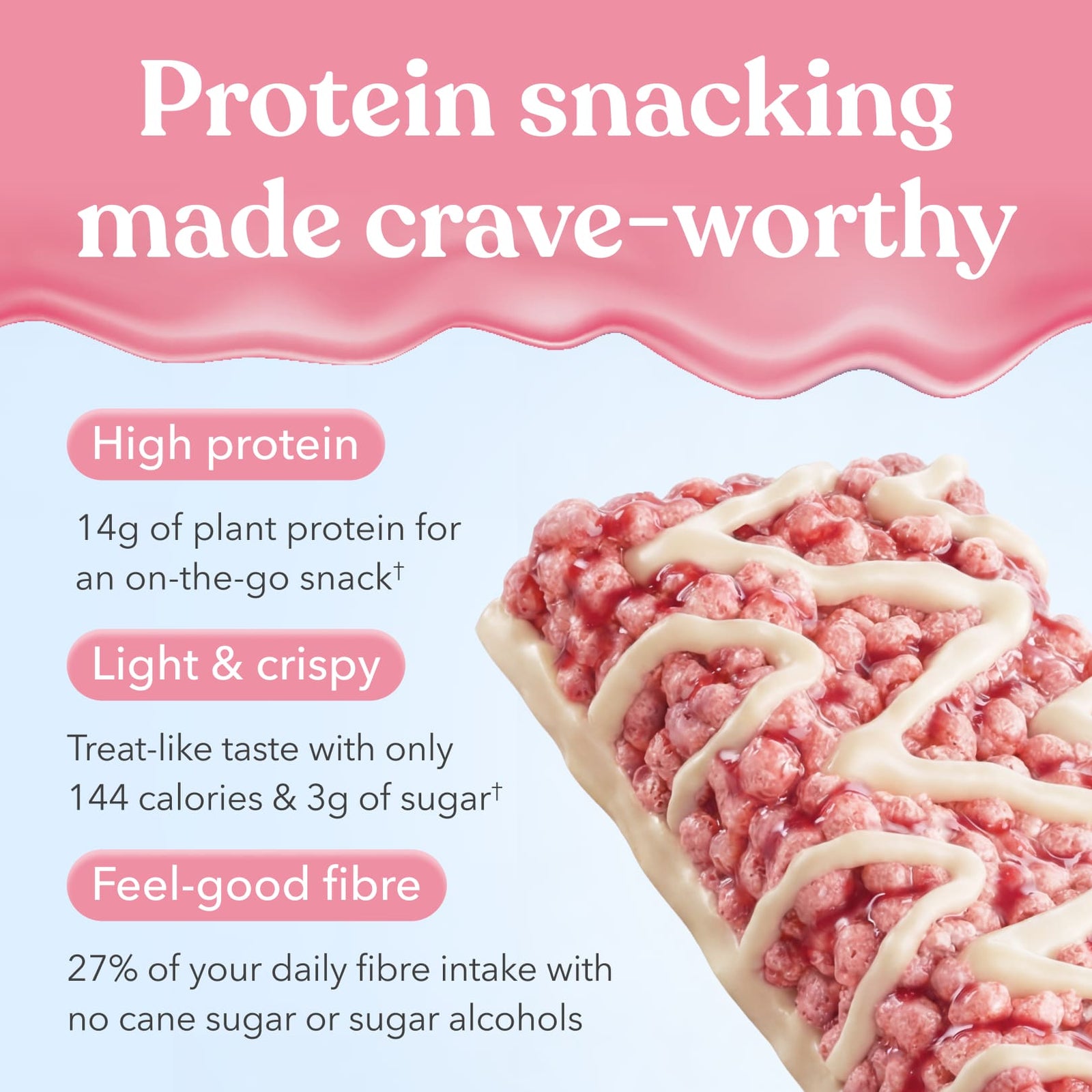 Strawberry Vanilla protein crisp bar with text highlighting its ingredients on a light blue and pink background