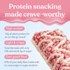 Strawberry Vanilla protein crisp bar with text highlighting its ingredients on a light blue and pink background