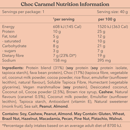 Moodi Choc Caramel Plant Protein Ball Nutrition information and ingredient list