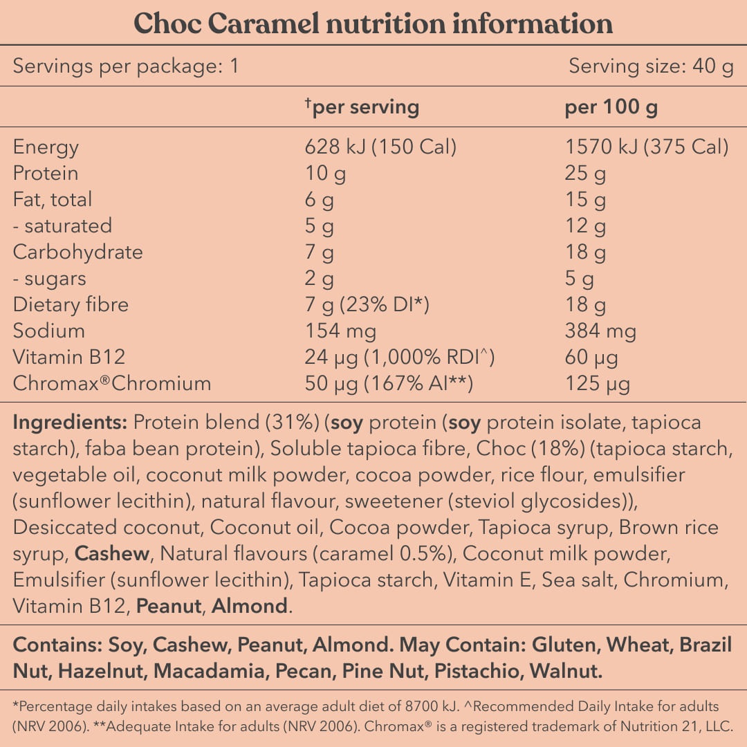 Moodi Choc Caramel Plant Protein Ball Nutrition information and ingredient list