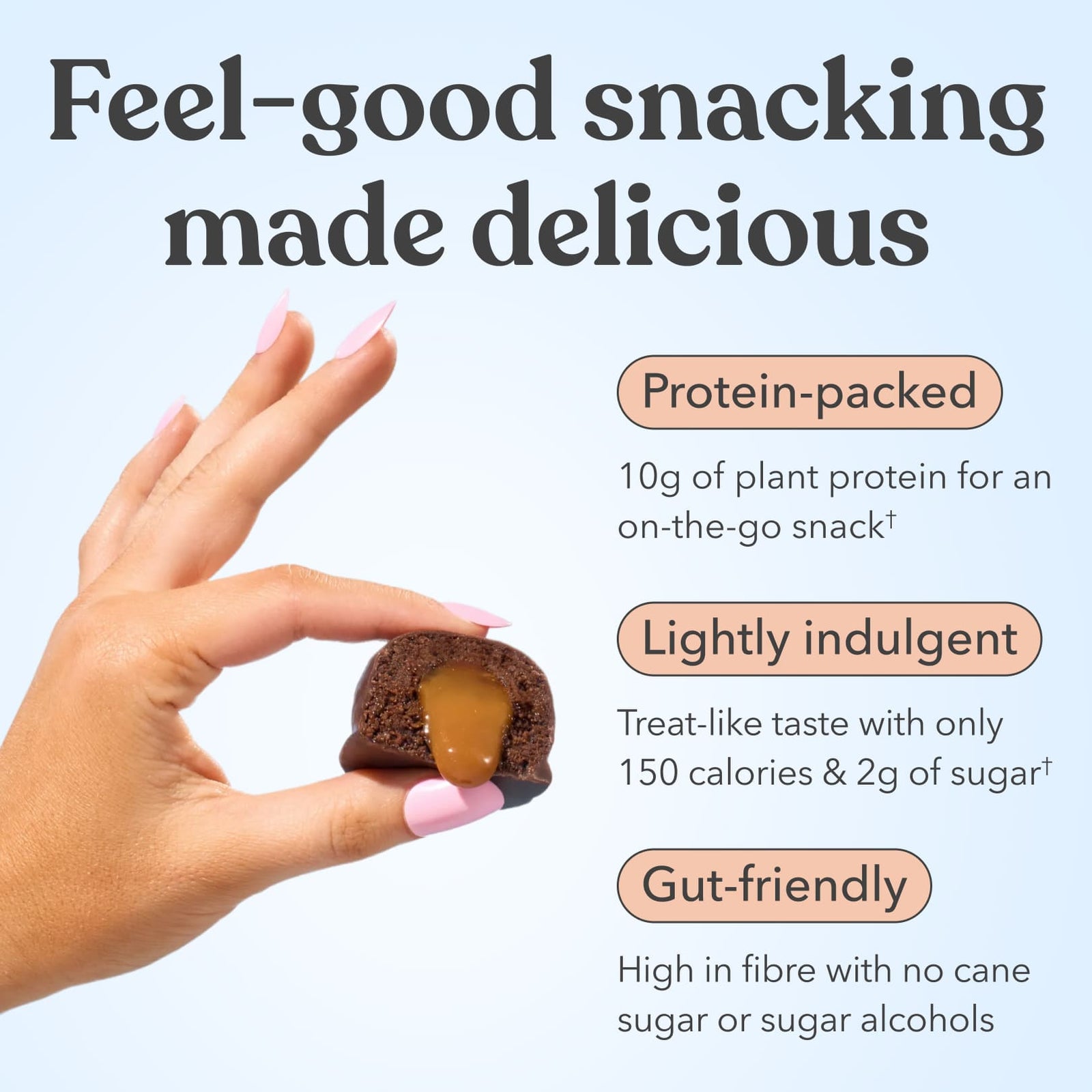 Hand holding Moodi Choc Caramel Plant Protein ball with text about its nutritional benefits on a light blue background