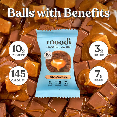 Moodi Choc Caramel plant protein ball packaging with nutritional information on a chocolate and caramel background