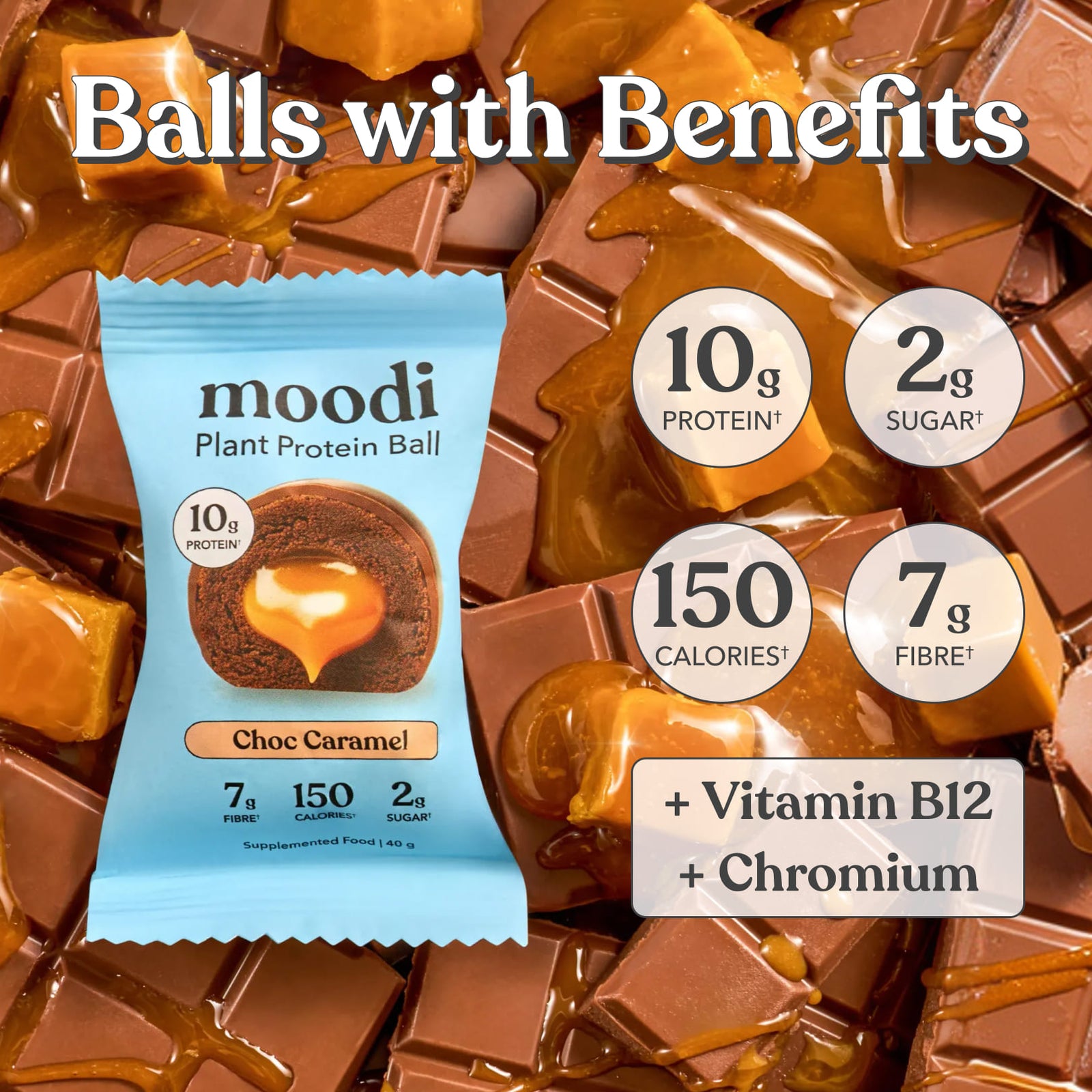 Moodi Choc Caramel plant protein ball packaging with nutritional information on a chocolate and caramel background