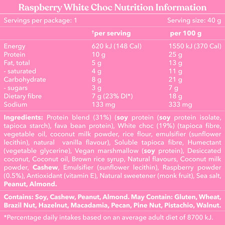 Nutrition information and ingredient list for Moodi Raspberry White Choc plant protein ball on a pink background