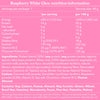Nutrition information and ingredient list for Moodi Raspberry White Choc plant protein ball on a pink background