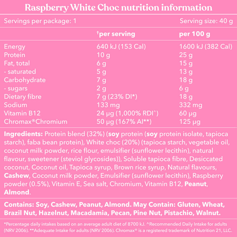 Nutrition information and ingredient list for Moodi Raspberry White Choc plant protein ball on a pink background