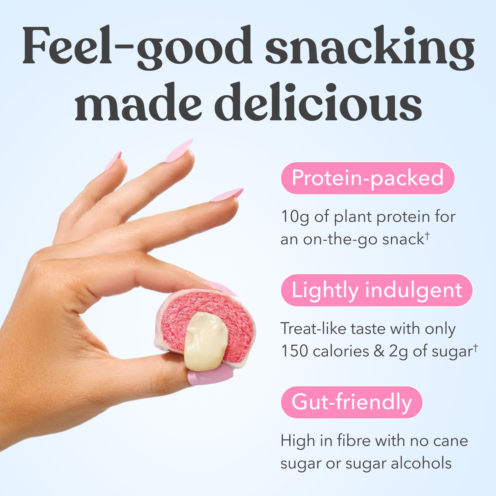 Hand holding Moodi Raspberry White Choc plant protein ball with text about its nutritional benefits on a light blue background