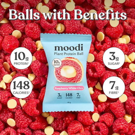 Moodi Raspberry White Choc plant protein ball packaging surrounded by raspberries and white chocolate buttons with nutritional information displayed.