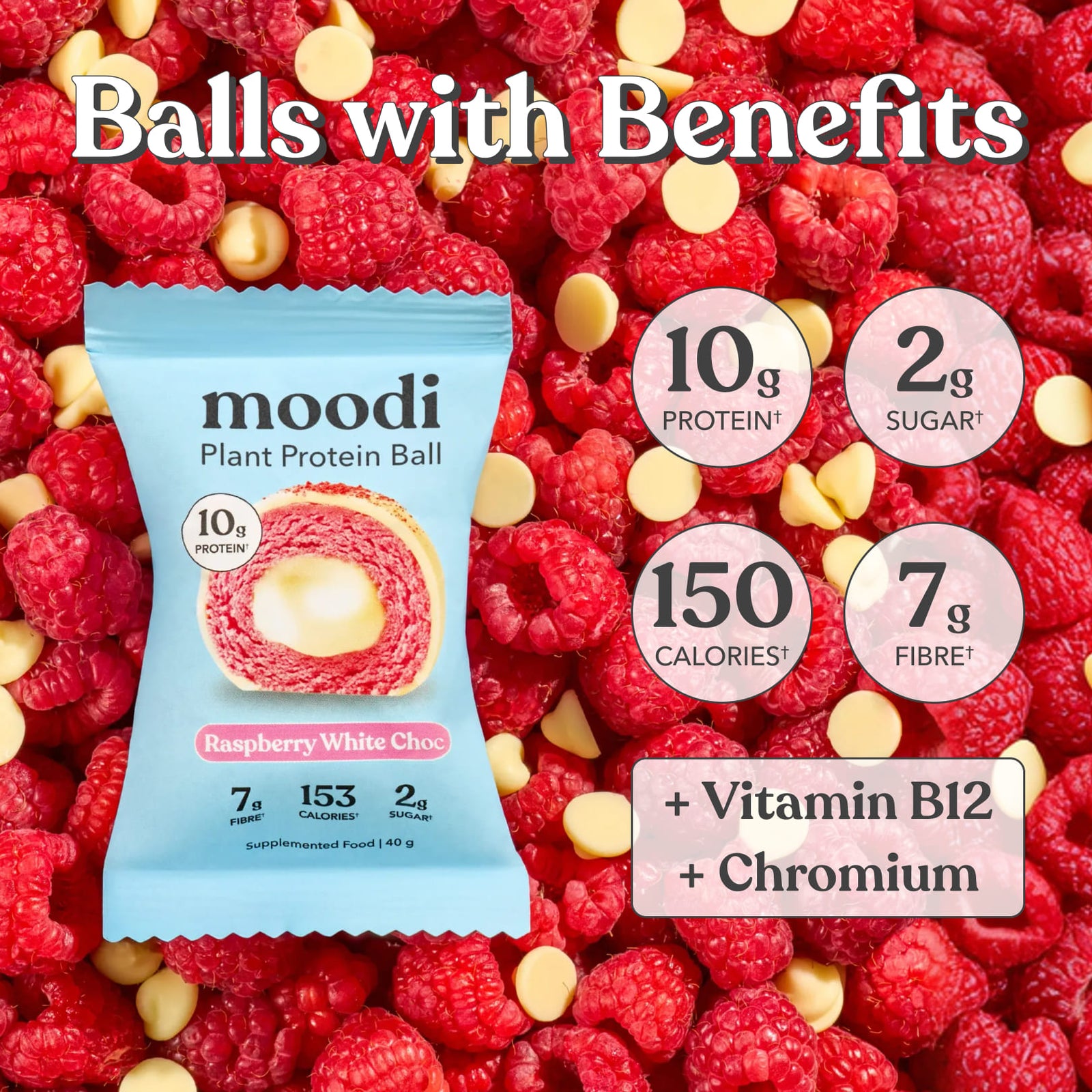 Moodi Raspberry White Choc plant protein ball packaging surrounded by raspberries and white chocolate buttons with nutritional information displayed.